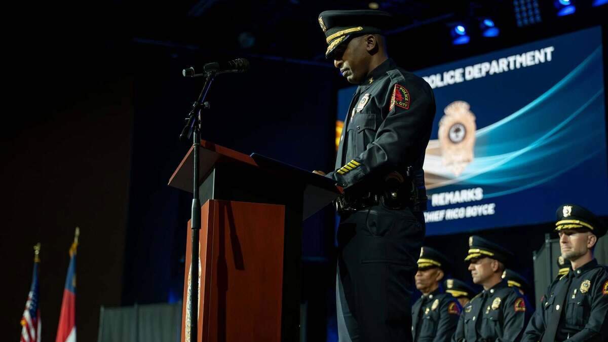 Raleigh Police Chief Rico Boyce speaks at a police academy graduation ceremony on May 28 at Providence Church in Raleigh.