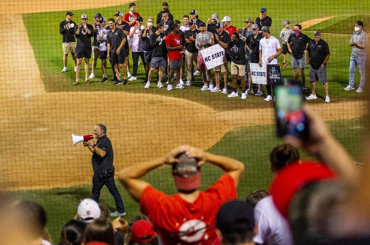 N.C. State baseball coach Elliott Avent speaks to more than 1000 fans who came to Doak Field at Dail Park to greet the team as they returned from Omaha, Nebraska Saturday, June 26, 2021 after NCAA protocol, forced the team out of the College World Series.