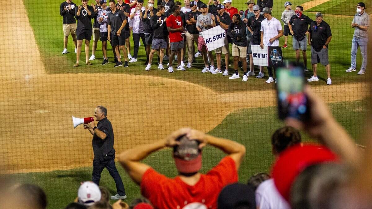 N.C. State baseball coach Elliott Avent speaks to more than 1000 fans who came to Doak Field at Dail Park to greet the team as they returned from Omaha, Nebraska Saturday, June 26, 2021 after NCAA protocol, forced the team out of the College World Series.