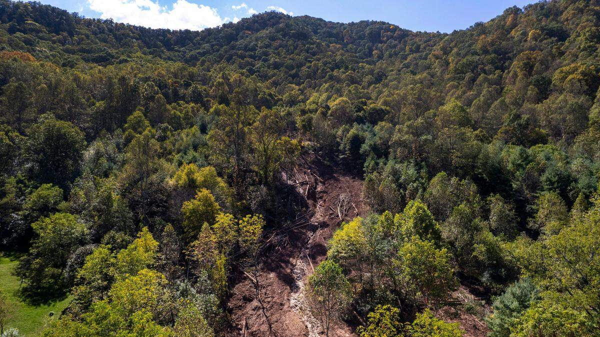An aerial view of a landslide in Cruso on Saturday, October. 5, 2024 The remnants of Hurricane Helene caused more than 300 landslides, many in North Carolina.