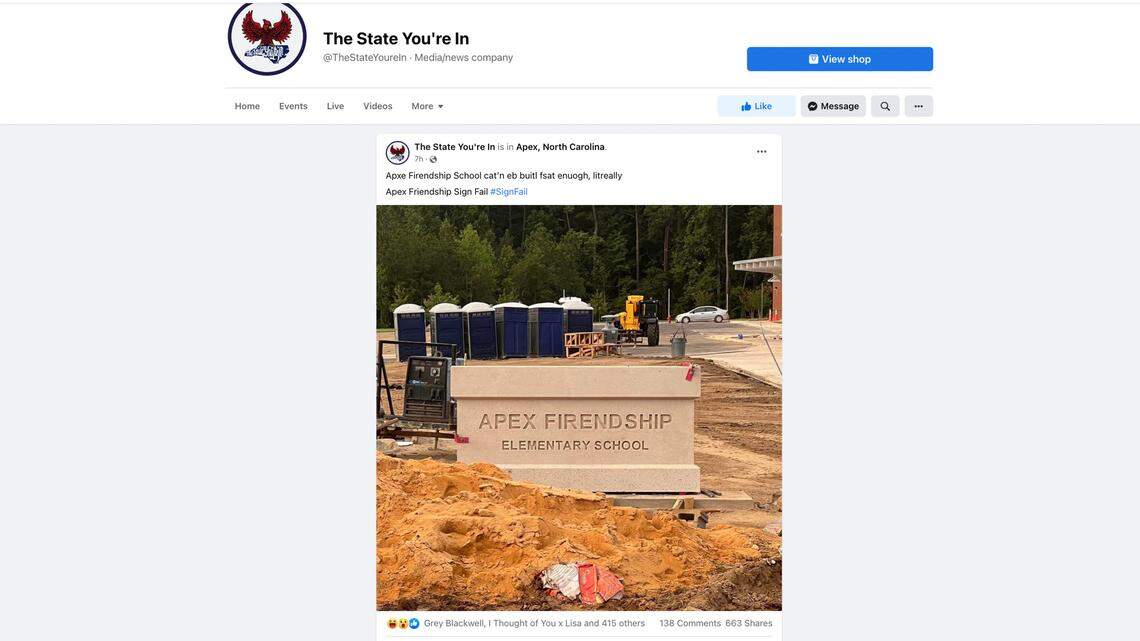 The State You’re In posted on Facebook an anonymous photo it received of the misspelled Apex Friendship Elementary School sign. The Wake County school system says the mistake was made by the subcontractor who made the sign.