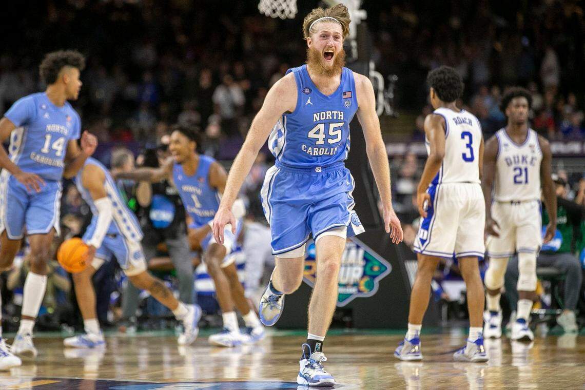 North Carolinas Brady Manek (45) reacts as time expires and the Tar Heels celebrate their 81-77 victory over Duke in the the NCAA Final Four semi-final on Saturday, April 2, 2022 at Caesars Superdome in New Orleans, La.