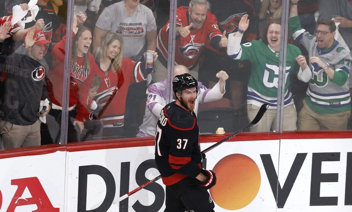 Carolina's Andrei Svechnikov (37) celebrates after scoring in the third period of the Hurricanes’ 4-2 victory over the Golden Knights in the fifth game of the Stanley Cup Final at the Lenovo Center in Raleigh, N.C., Thursday, June 11, 2026.
