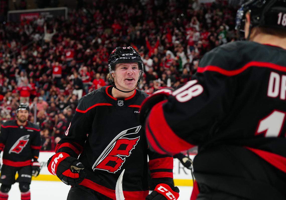 Nov 5, 2024; Raleigh, North Carolina, USA; Carolina Hurricanes right wing Jackson Blake (53) celebrates his goal against the Philadelphia Flyers during the first period at Lenovo Center. Mandatory Credit: James Guillory-Imagn Images