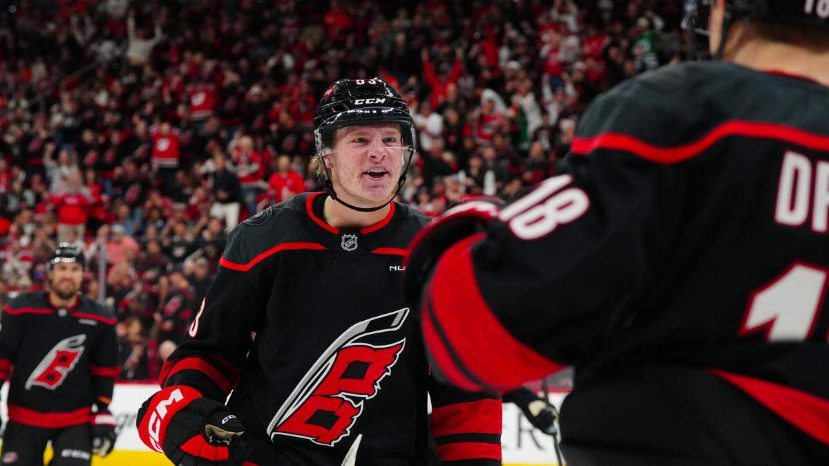 Carolina Hurricanes right wing Jackson Blake (53) celebrates his goal against the Philadelphia Flyers during the first period at Lenovo Center.