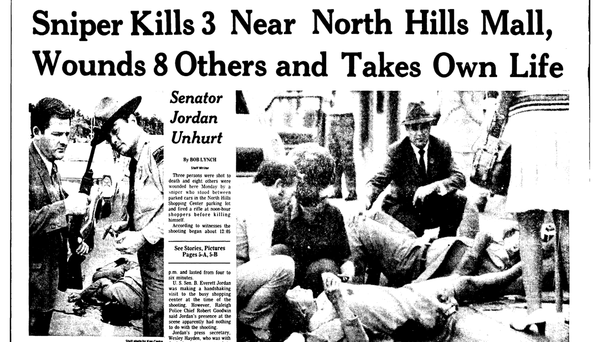 The News & Observer’s front page from May 30, 1972, detailed a mass shooting at the North Hills Shopping Center the day before that killed four and injured seven, including two young children. The shooter then turned the gun on himself.