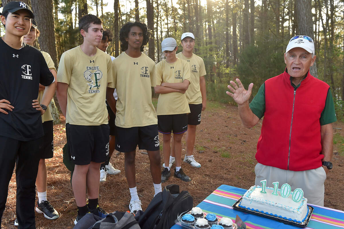 Enloe head tennis coach Steve Spivey says a few words after his 1100th career coaching victory with a win over Athens Drive. Enloe Tennis head Coach Steven Spivey gets his 1100th career victory with a win over Athens Drive High in Raleigh, N.C. on March 25, 2022.