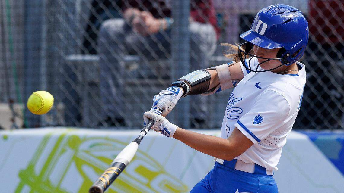 Duke’s Claire Davidson connects for a single during the fourth inning of the Blue Devils’ 6-3 win over Florida State in the ACC Tournament final on Saturday, May 11, 2024, in Durham, N.C.