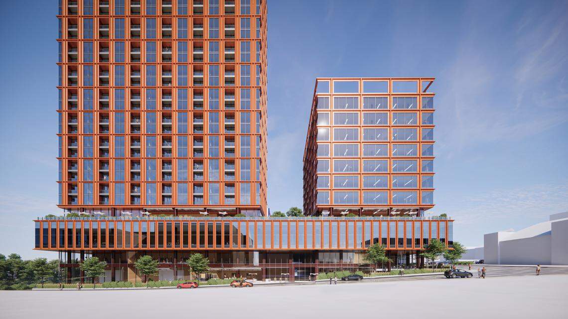 A rendering of the office-and-apartment tower that will replace the downtown Durham YMCA.