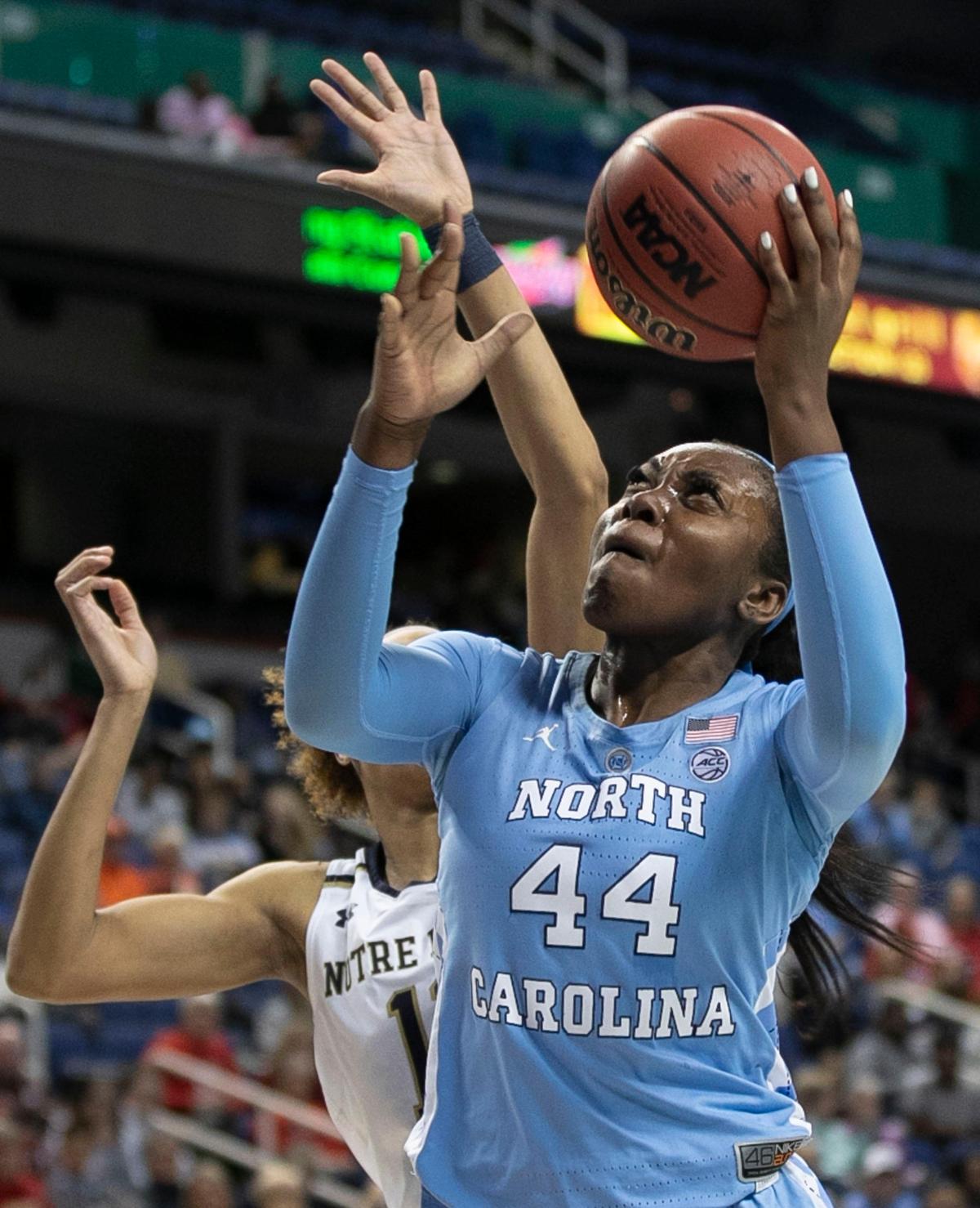 North Carolina’s Janelle Bailey (44) drives to the basket against Notre Dame’s Brianna Turner (11) in the second half during the ACC Tournament on Friday, March 8, 2019 at the Greensboro Coliseum in Greensboro, N.C.