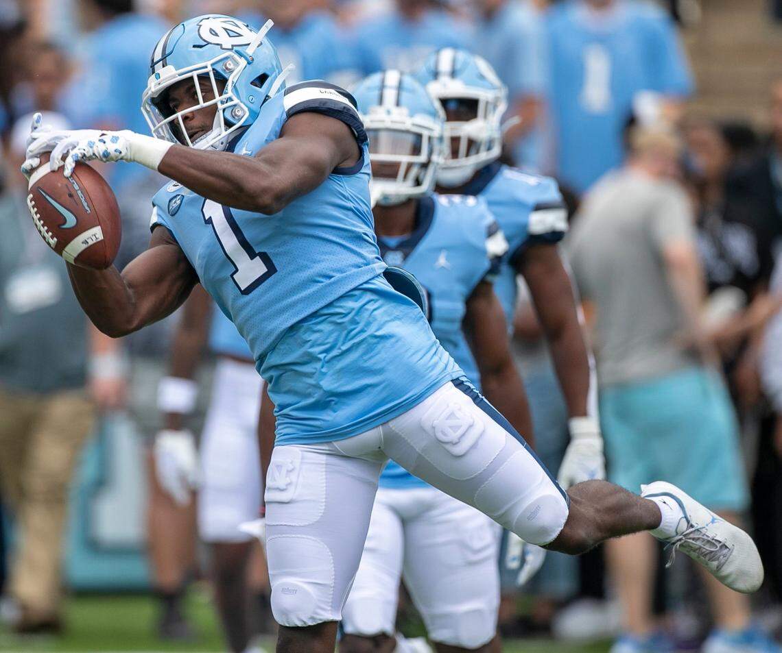 North Carolina’s Tony Grimes (1) warms up for the Tar Heels’ game against Notre Dame on Saturday, September 24, 2022 at Kenan Stadium in Chapel Hill, N.C.