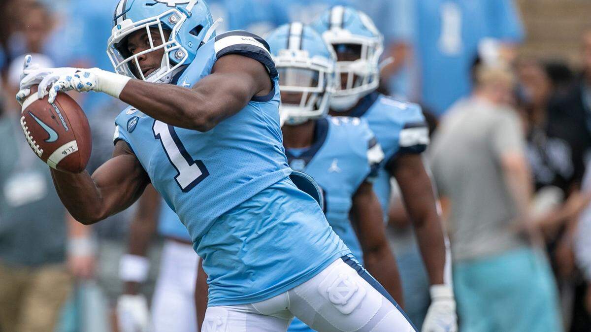 North Carolina’s Tony Grimes (1) warms up for the Tar Heels’ game against Notre Dame on Saturday, September 24, 2022 at Kenan Stadium in Chapel Hill, N.C.