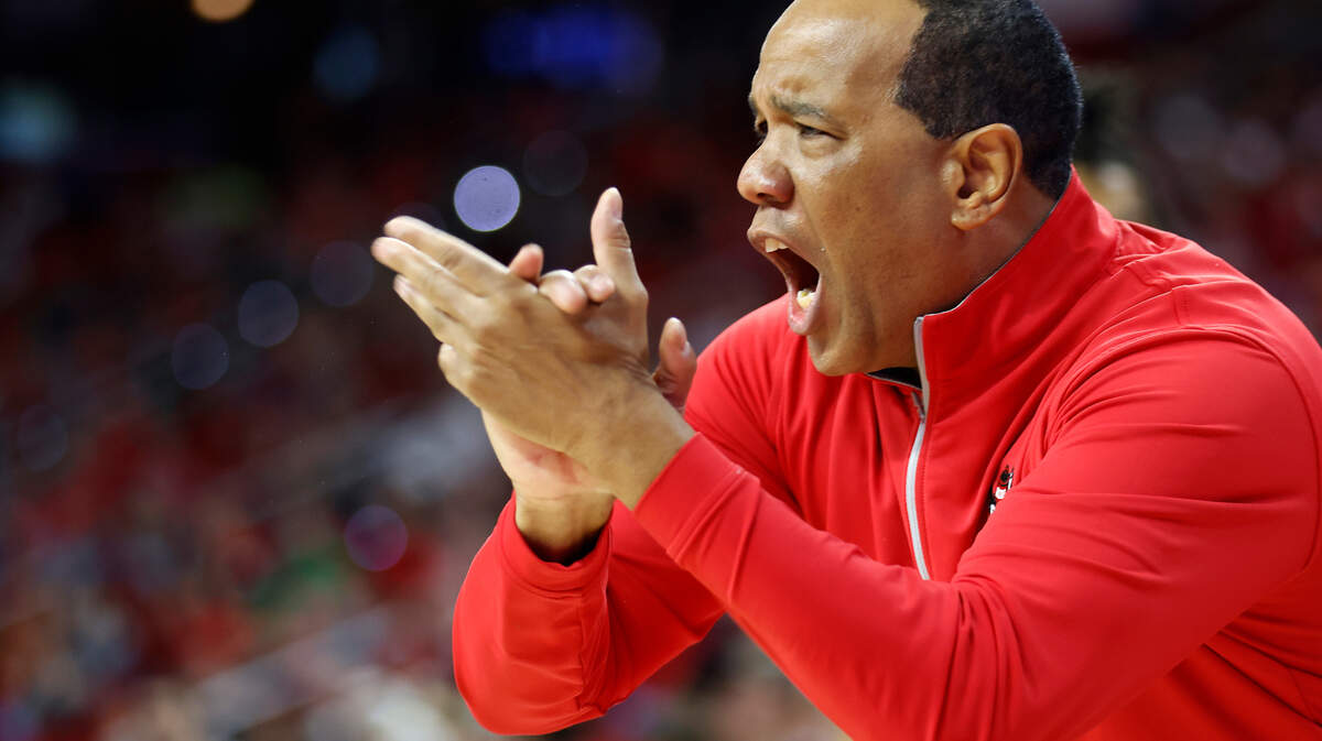 N.C. State head coach Kevin Keatts reacts to a made basket during the second half of the Wolfpack’s game against Pitt at PNC Arena on Friday, Dec. 2, 2022, in Raleigh, N.C.