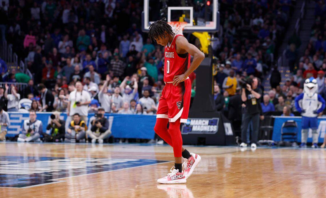 N.C. State’s Terquavion Smith (0) walks back to the bench during a timeout late in the second half of Creighton’s 72-63 victory over N.C. State in the first round of the NCAA Tournament at Ball Arena in Denver, Colo., Friday, March 17, 2023.