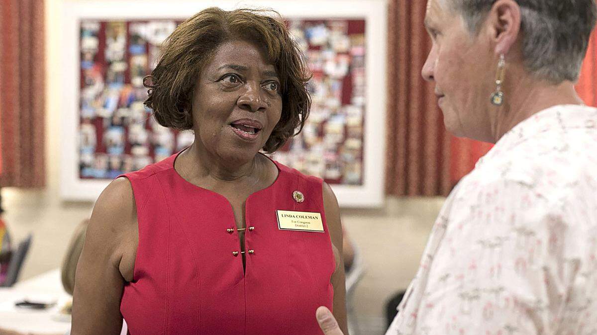 NC House district 20 candidate Lind Bennett, right, talks with Second Congressional candidate Linda Coleman during a campaign stop at St. Paul’s Episcopal Church in Smithfield, N.C. on Thursday, August 16, 2018. 