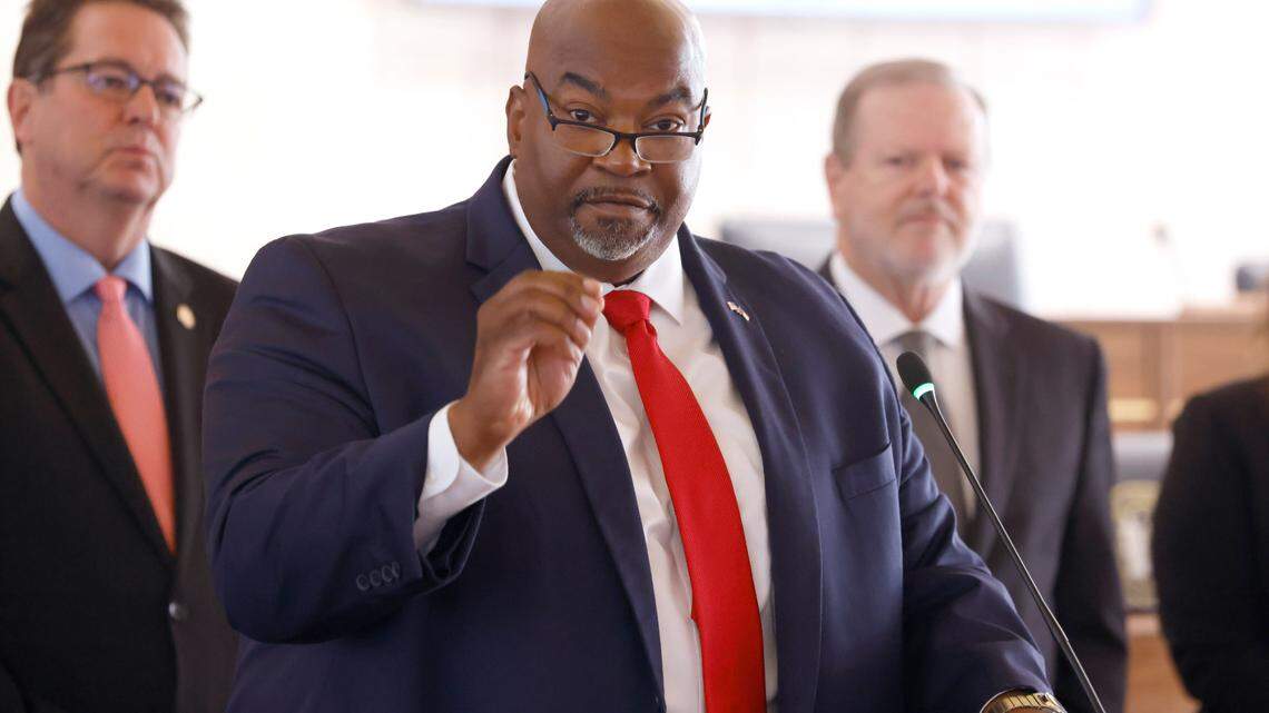 North Carolina Lt. Gov. Mark Robinson talks about the “Indoctrination in North Carolina Public Education” report during a press conference at the Legislative Building on Aug. 24, 2021.