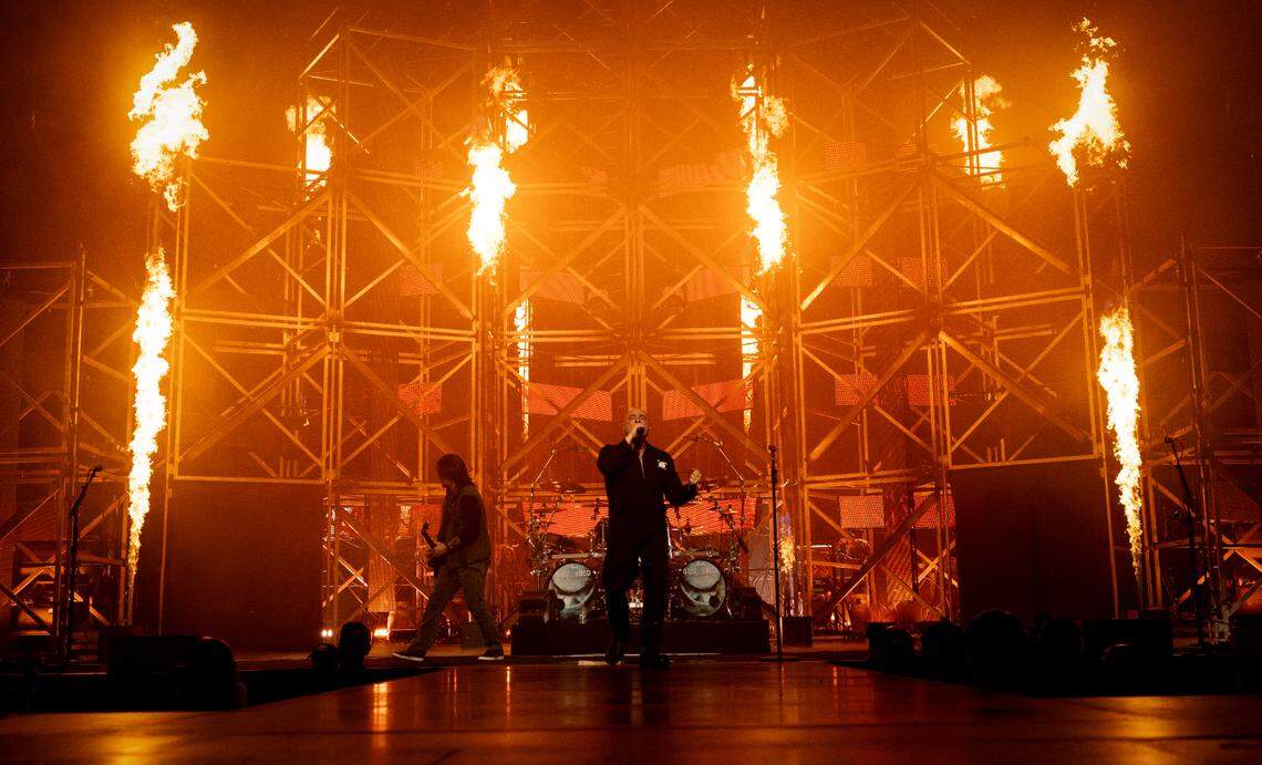 Dark metal band Disturbed in concert at Raleigh, N.C.’s Lenovo Center, April 14, 2025.