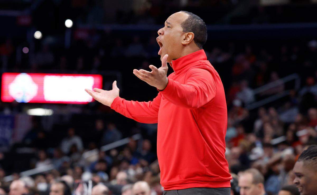 N.C. State head coach Kevin Keatts disputes the call during the second half of N.C. State’s 94-85 victory over Louisville in the first round of the 2024 ACC Men’s Basketball Tournament at Capital One Arena in Washington, D.C., Tuesday, March 12, 2024.