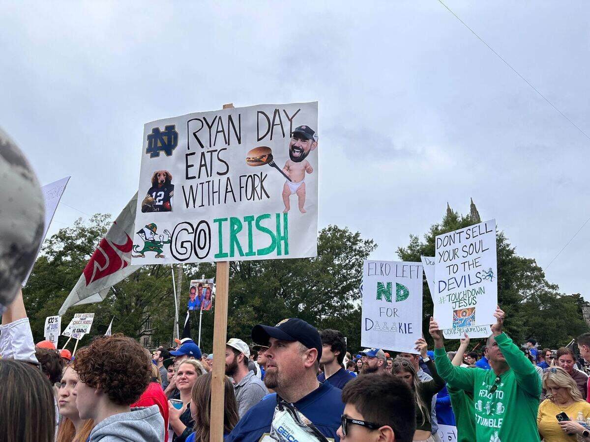 Signs from College Football Gameday before Duke hosts Notre Dame.