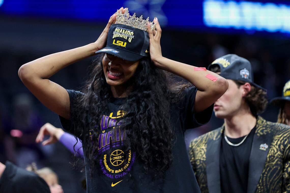 LSU Tigers forward Angel Reese celebrates after defeating the Iowa Hawkeyes during the final round of the Women’s Final Four NCAA tournament at the American Airlines Center.