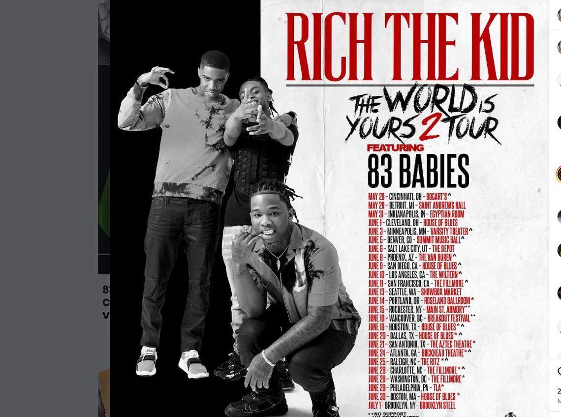 A screenshot of a May 2019 83 Babies post on Instagram advertising their tour with rapper Rich the Kid. From left to right, the trio included Tyrese “Setitoff83” Taylor, Tevin “YBT” Burney, and Antonio “Lil Tony” Davenport.