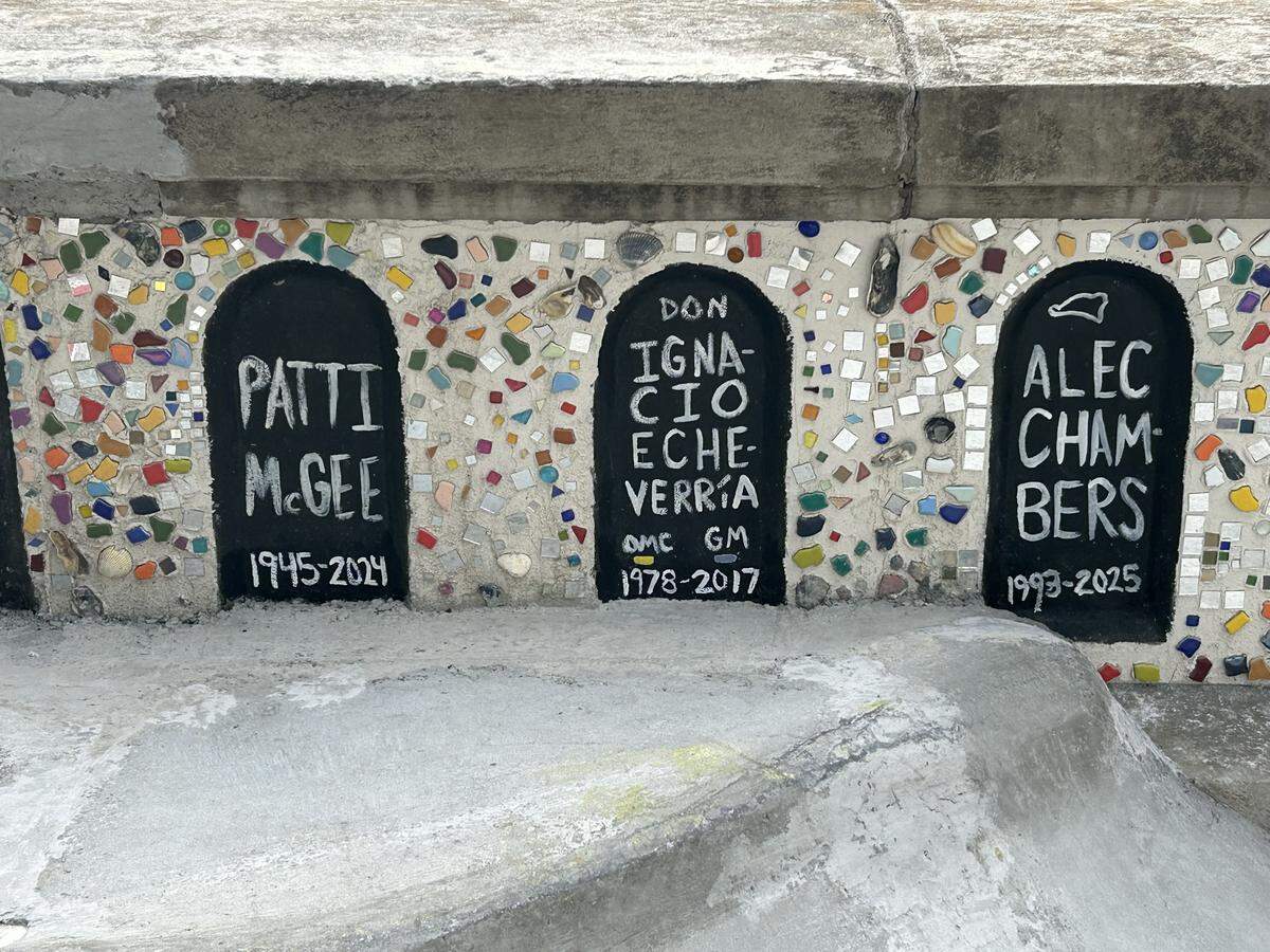 Memorials line the wall of Project 303 DIY skatepark in Raleigh’s Boylan Heights neighborhood.