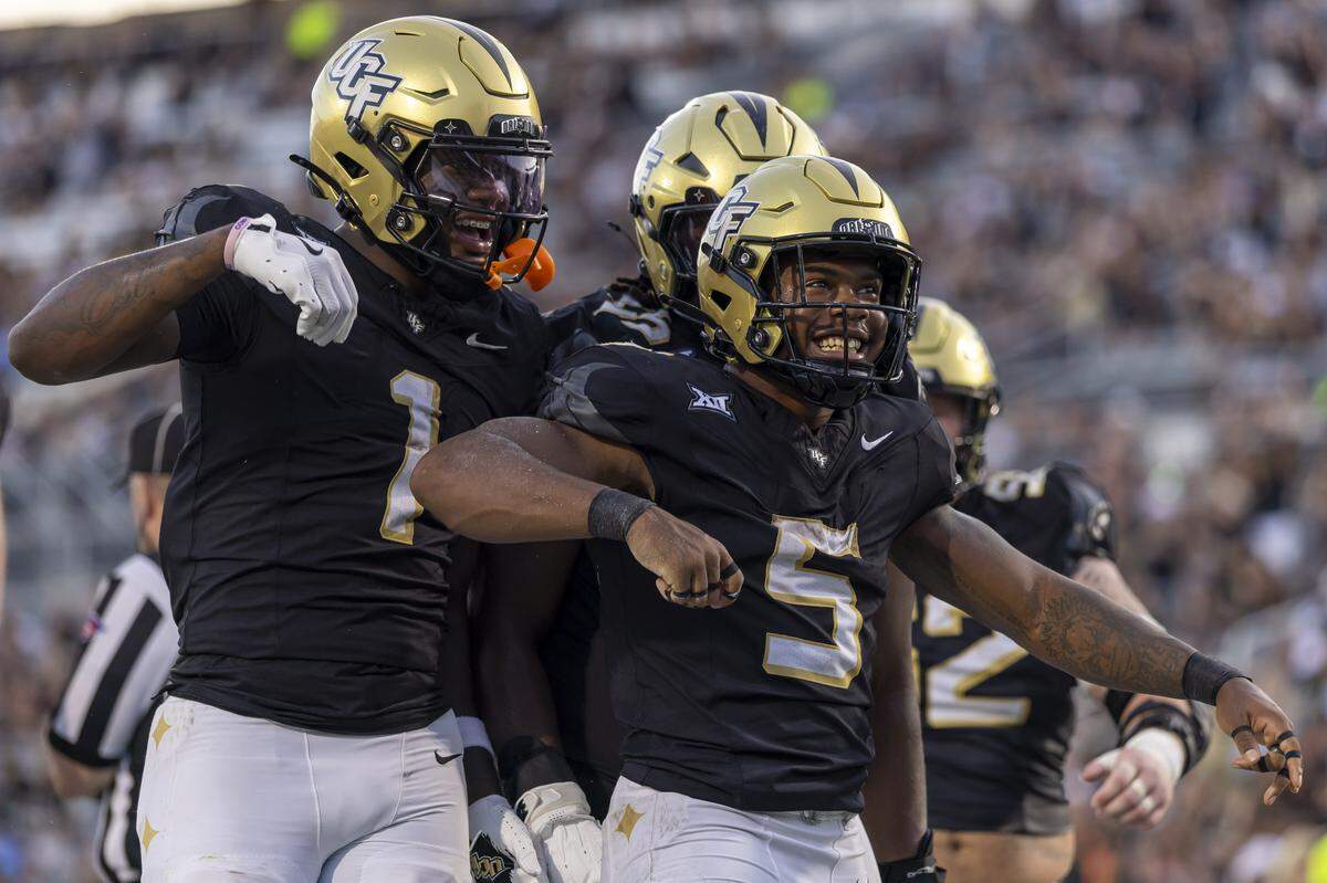 UCF running back Jaden Nixon (5) reacts after scoring  a touchdown in the fourth quarter to seal the Golden Knights’ 34-9 victory over the Tar Heels on Saturday, September 20, 2025 at Acrisure Bounce House Stadium in Orlando, Fla.