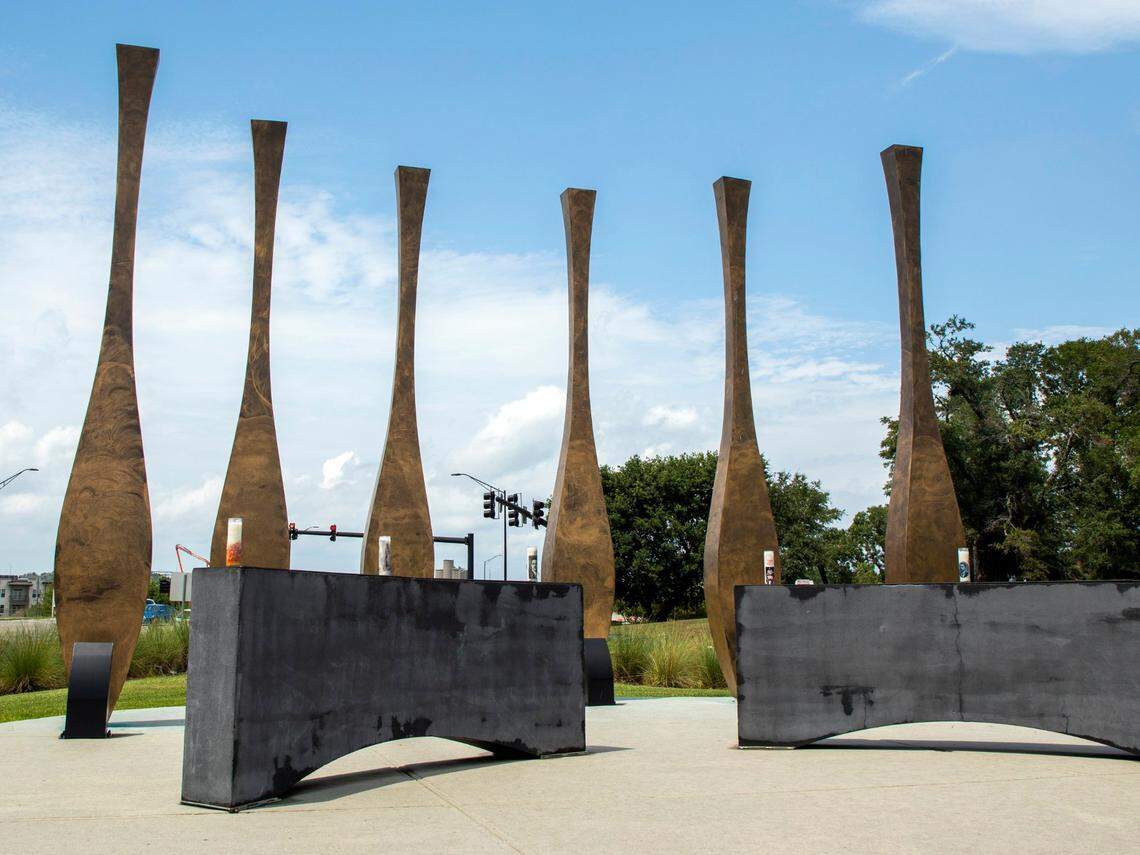 On Nov. 10, 1898, an armed mob of white supremacists took control of Wilmington from a thriving African-American community by burning down its newspaper, murdering dozens, and banishing more to the swamps. It is known as the only successful coup in US History, removing several rightfully-elected African-Americans from local and state office. A memorial park now marks the historical event, photographed on Thursday, Aug. 15, 2019, in Wilmington, NC.