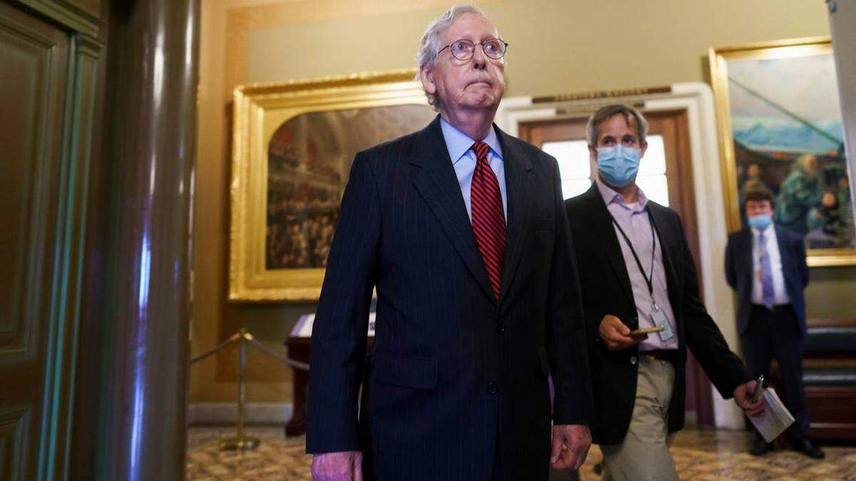 Senate Minority Leader Mitch McConnell, R-Ky., after finishing a brief statement Sept. 22, 2021 warning that Republicans will block the House-passed measure to keep the government funded and suspend the federal debt limit.