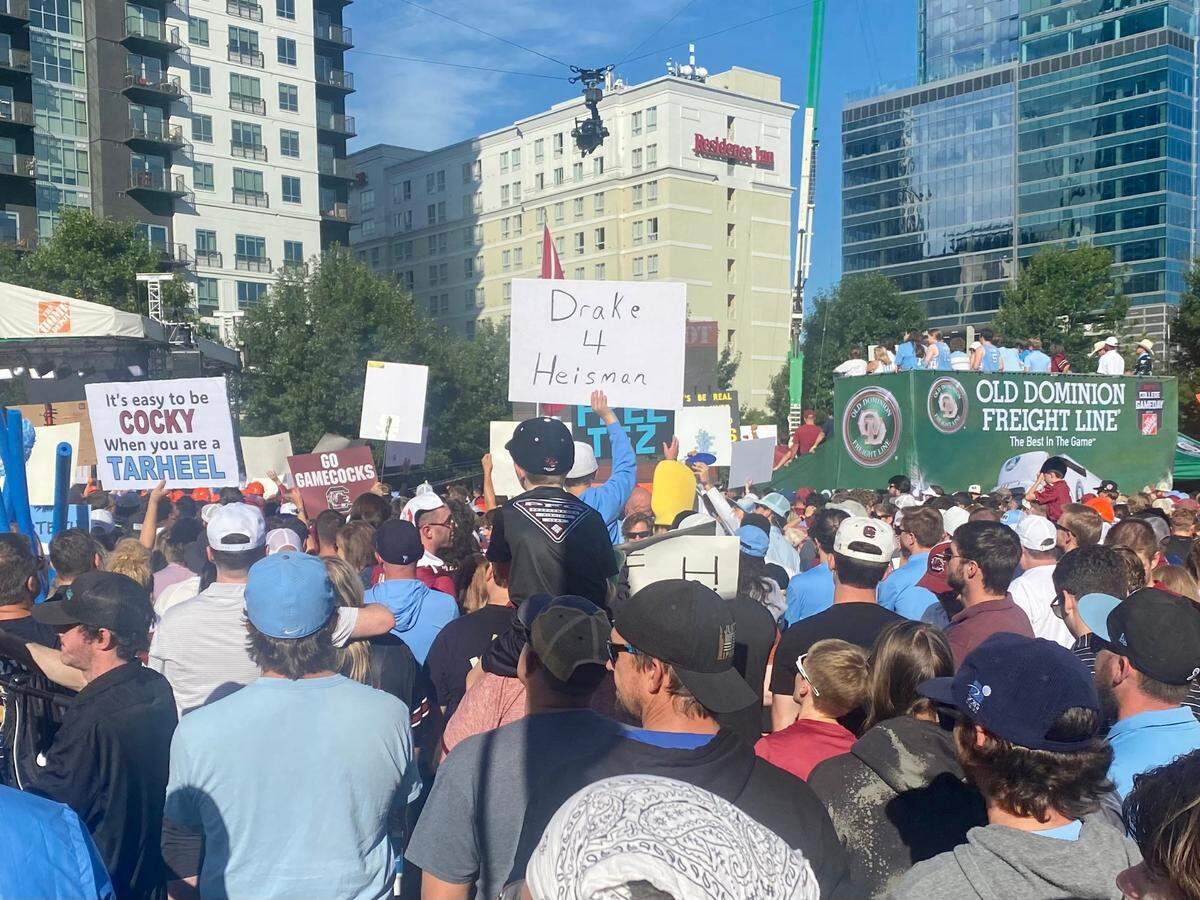 Fans gather to watch ESPN College GameDay on Sept. 2, 2023, ahead of the Duke’s Mayo Classic, featuring UNC vs. South Carolina, in Charlotte, NC.