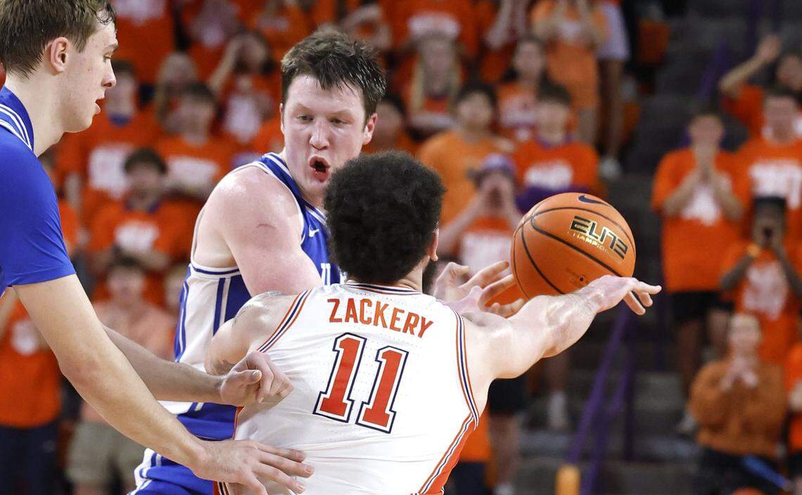 Clemson’s Jaeden Zackery (11) knocks the ball from Duke’s Kon Knueppel (7) during the first half of Duke’s game against Clemson at Littlejohn Coliseum in Clemson, S.C., Saturday, Feb. 8, 2025.