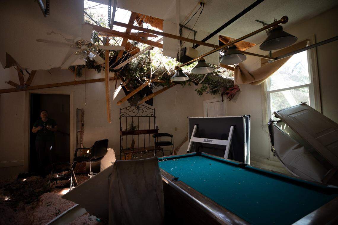 Tornado damage to Joy and John Bashore’s garage in Rocky Mount, N.C. is shown on Thursday, July 20, 2023. A tornado swept through the area on Wednesday, with several trees falling on the roof of the Bashore’s residence. Joy said she was inside the house with her dog when the tornado hit, and waited in the hallway until the storm passed. Neither Joy nor her dog were injured.