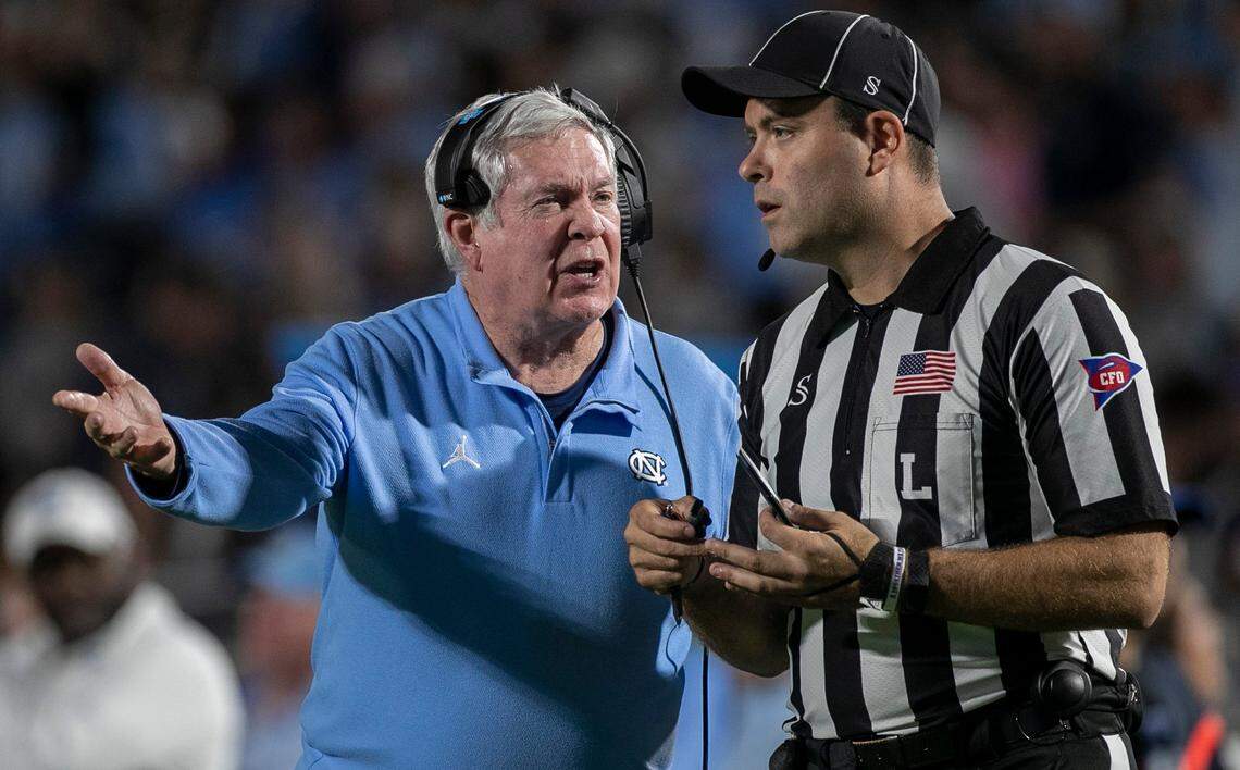 North Carolina coach Mack Brown argues with official Brian Perry after a penalty against the Tar Heels in the first quarter against Duke on Saturday, October 15, 2022 at Wallace-Wade Stadium in Durham, N.C.
