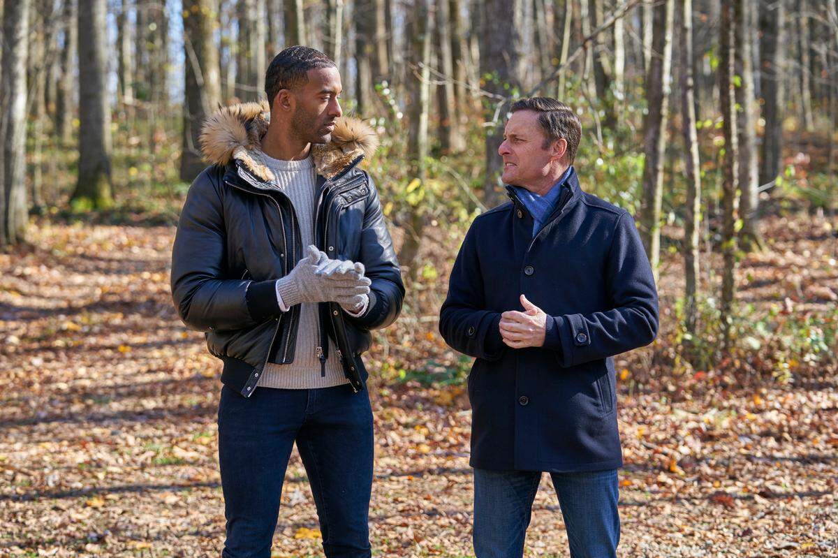Matt James, a Raleigh native, with host Chris Harrison during the Feb. 15 episode of “The Bachelor” Season 25.