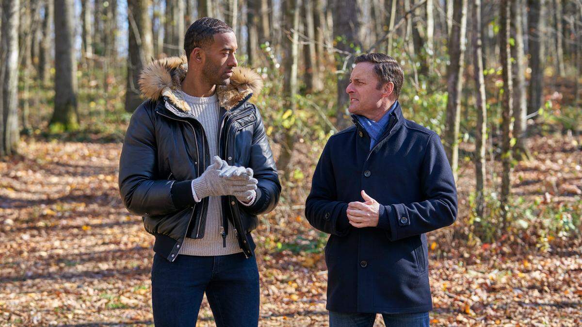 Matt James, a Raleigh native, with host Chris Harrison during the Feb. 15 episode of “The Bachelor” Season 25.