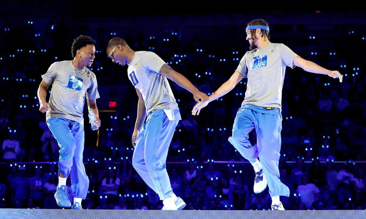 Duke’s Jeremy Roach, Dariq Whitehead and Jacob Grandison dance during Whitehead’s introduction during Duke’s Countdown to Craziness at Cameron Indoor Stadium in Durham, N.C., Friday, Oct. 21, 2022.
