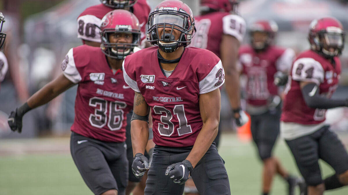 North Carolina Central defensive back Brandon Codrington (31) is fired up after his 75-yard touchdown return gave his team a last-minute victory over Delaware State.