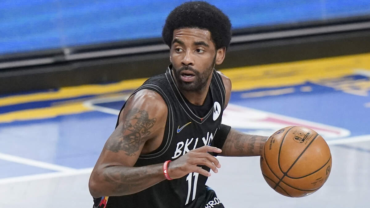 Brooklyn Nets’ Kyrie Irving plays during a game against the Cleveland Cavaliers Sunday, May 16, 2021, in New York.
