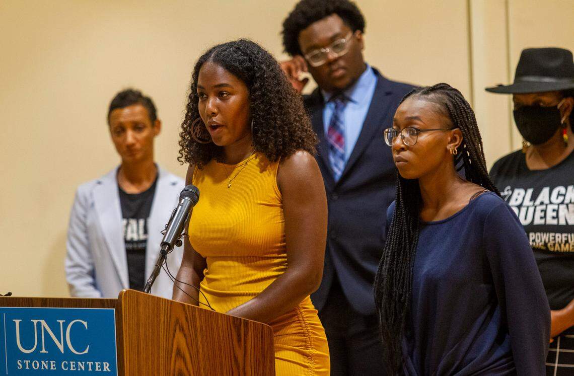 Julia Clark, vice president of UNC-Chapel Hill’s Black Student Movement, speaks during a press conference hosted by Black Student Movement along with the Carolina Black Caucus and the Black Graduate and Professional Student Association Wednesday, July 7, 2021at UNC Chapel Hill’s Sonja Haynes Center. Student leaders and activists discussed Nikole Hannah-Jones’s decision to turn down UNC-Chapel Hill’s offer as Knight Chair for Race and Investigative Journalism with tenure as well safety concerns for Black students and a list of demands for the future of UNC’s Black Community.