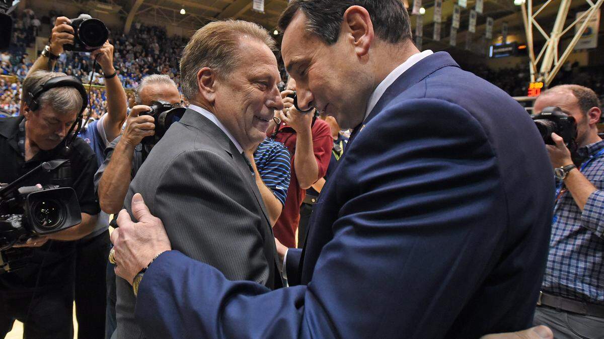The 2021 ACC-Big 10 Challenge includes Michigan State’s Tom Izzo, left against Louisville and Duke and Coach K, right, against Ohio State.