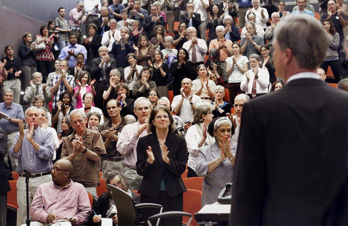 UNC Chancellor Holden Thorp receives a standing ovation as he address an emergency faculty meeting on Tuesday September 18 2012 at the Fedex Global Education Center at in Chapel Hill N.C.
