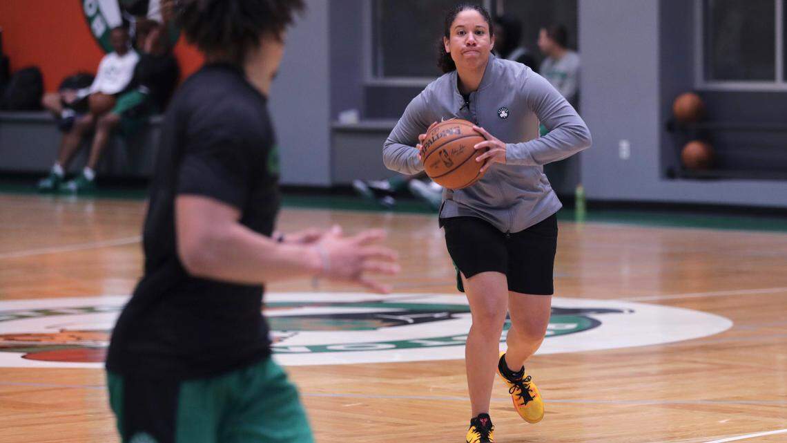 Boston Celtics assistant coach Kara Lawson at the team’s training facility in Boston, Monday, July 1, 2019. Lawson played in the WNBA from 2003-15 and also helped the U.S. win the gold medal at the 2008 Beijing Olympics.