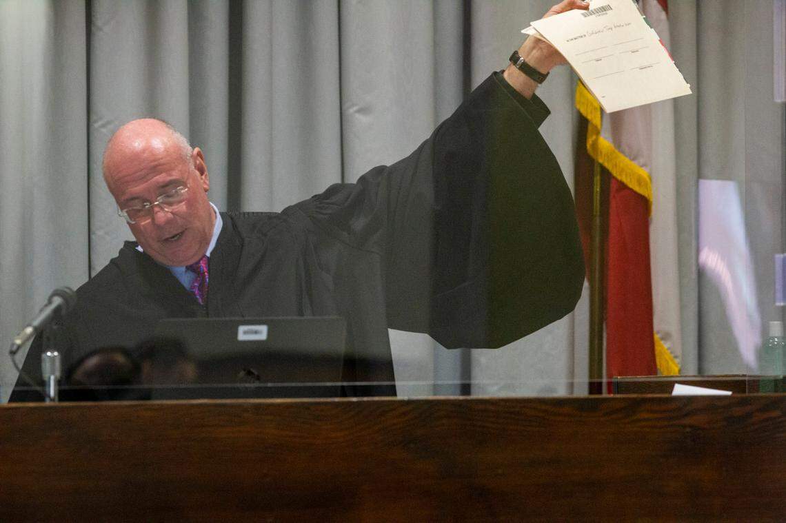 Judge David Hall presides over a hearing over sealed public records requested by The News & Observer at the Forsyth County Courthouse in Winston-Salem Monday, Feb. 8, 2021. The records could shed light on the actions of deputies in Winston-Salem that led to the death of John Neville while in jail.