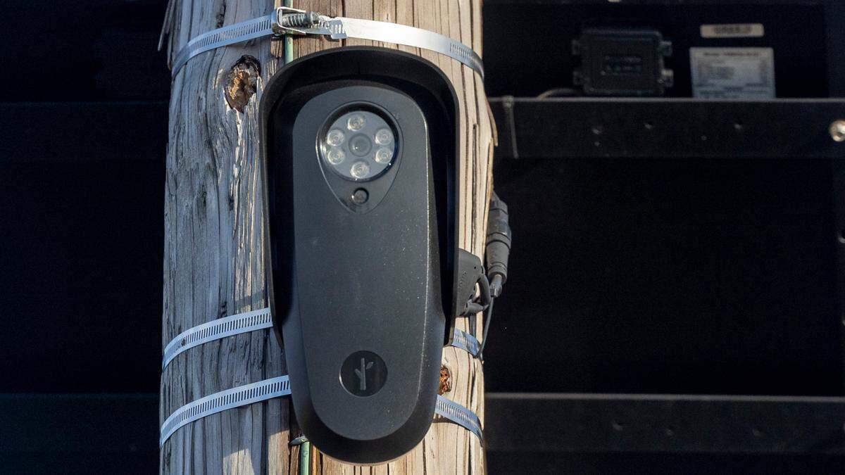 A Flock automated license plate reader camera used by the Raleigh Police Department is mounted on a Duke Energy utility pole on Hillsborough Street in Raleigh Jan. 29. RPD operates 26 automated readers that collect license plate and vehicle information including color, make and type.