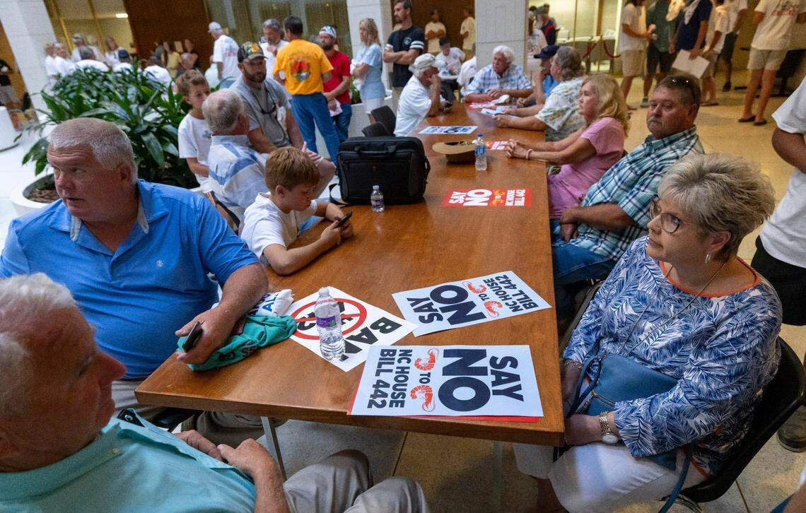 Hundreds of people associated with the fishing industry, filled the halls of the North Carolina General Assembly, on Tuesday, June 24, 2025 in Raleigh, N.C. They came in opposition to HB 442, legislation that would prohibit shrimp trawling in all inshore fishing waters and within one-half mile of the shoreline.
