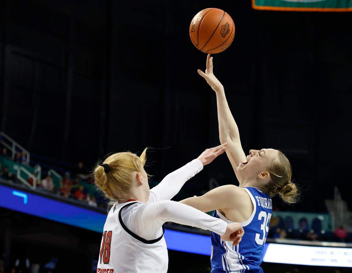 Duke’s Toby Fournier shoots over N.C. State’s Tilda Trygger during the Blue Devils’ 76-62 win in the ACC Tournament final on Sunday, March 9, 2025, at First Horizon Coliseum in Greensboro, N.C.