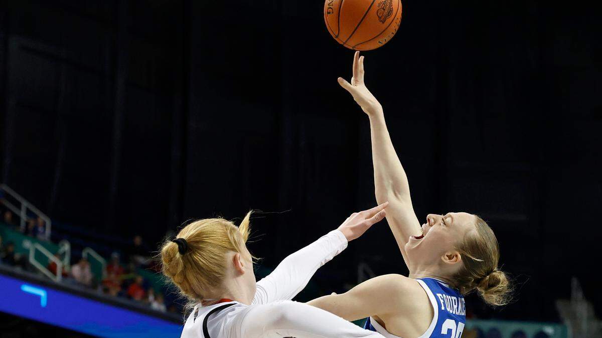 Duke’s Toby Fournier shoots over N.C. State’s Tilda Trygger during the Blue Devils’ 76-62 win in the ACC Tournament final on Sunday, March 9, 2025, at First Horizon Coliseum in Greensboro, N.C.