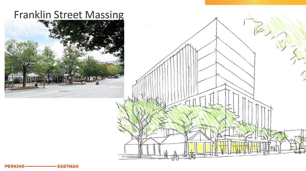 An architect’s rendering shows the proposed Life Sciences Center on West Franklin Street from the point of view of someone looking northeast.