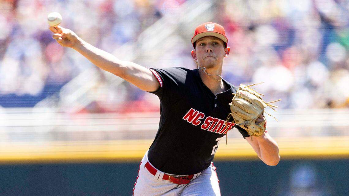 North Carolina State starting pitcher Reid Johnston (29) throws against Stanford in the first inning in the opening baseball game of the College World Series, Saturday, June 19, 2021, at TD Ameritrade Park in Omaha, Neb. (AP Photo/Rebecca S. Gratz)