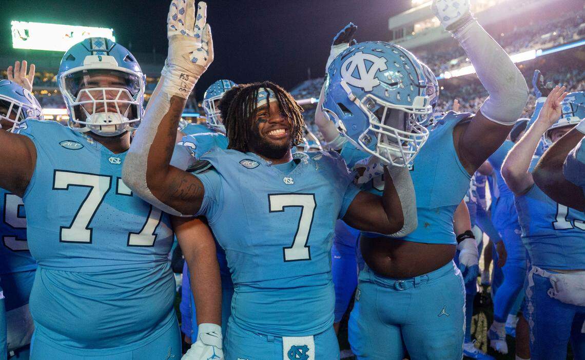 North Carolina’s Kaimon Rucker (7) interacts with the student section at the start of the fourth quarter against Wake Forest on Saturday, November 16, 2024 at Kenan Stadium in Chapel Hill, N.C.